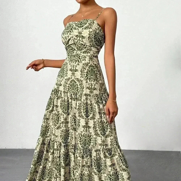 Army Green Boho Women's Vacation Printed Bohemian Backless Maxi Cami Dress - Picture 7 of 9